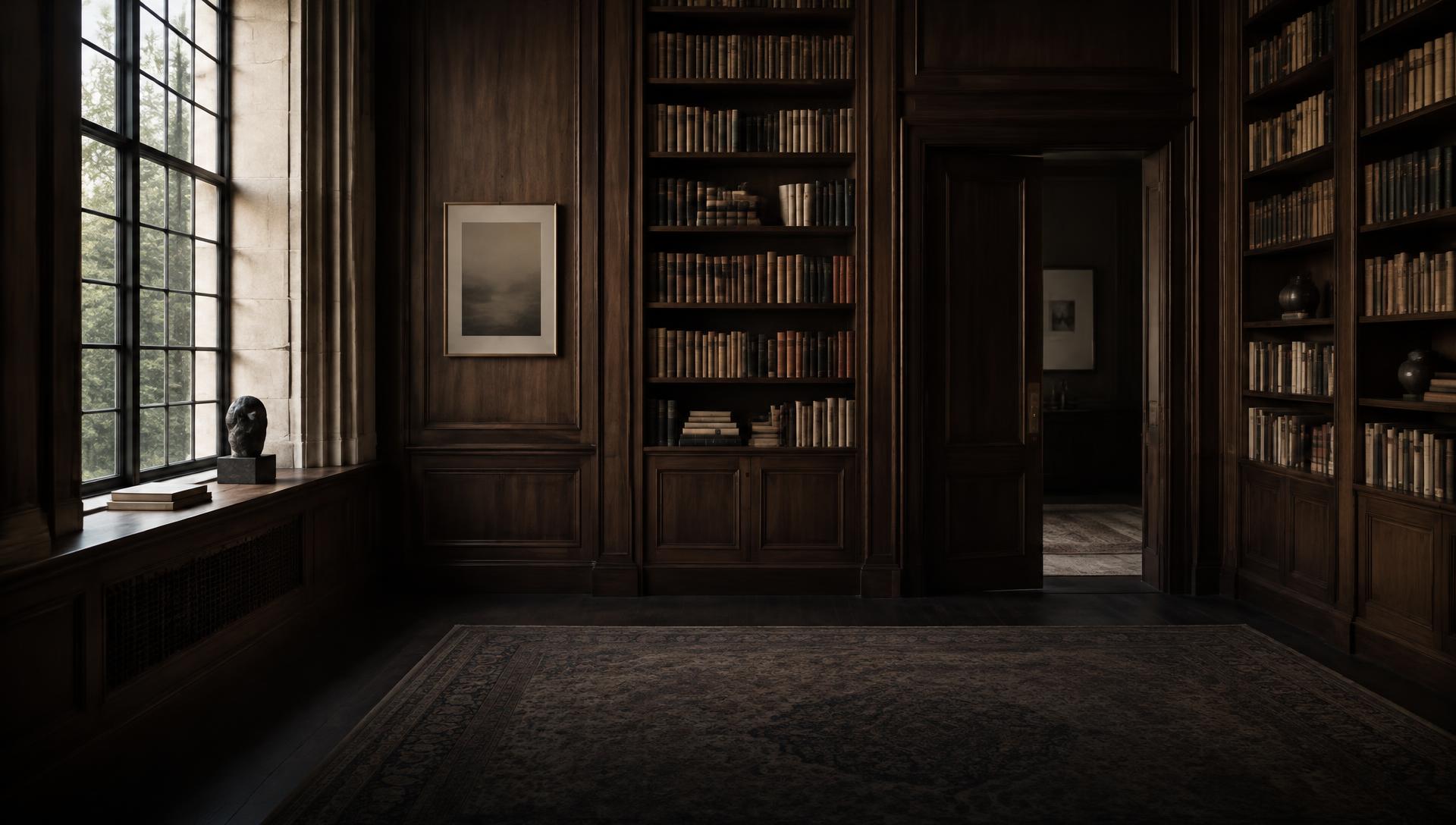 Walnut-panelled reading room in soft window light