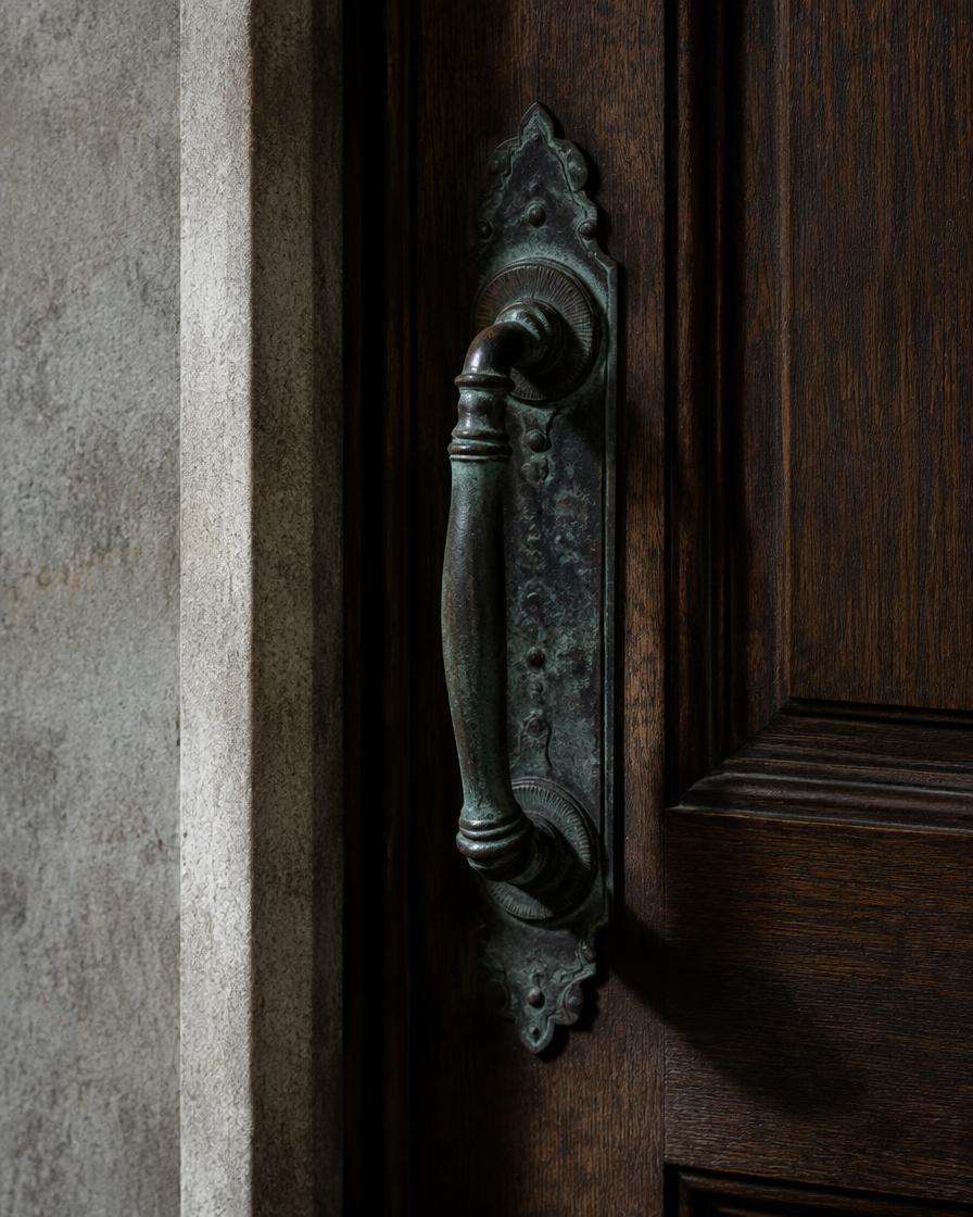 Patinated bronze handle on a walnut door